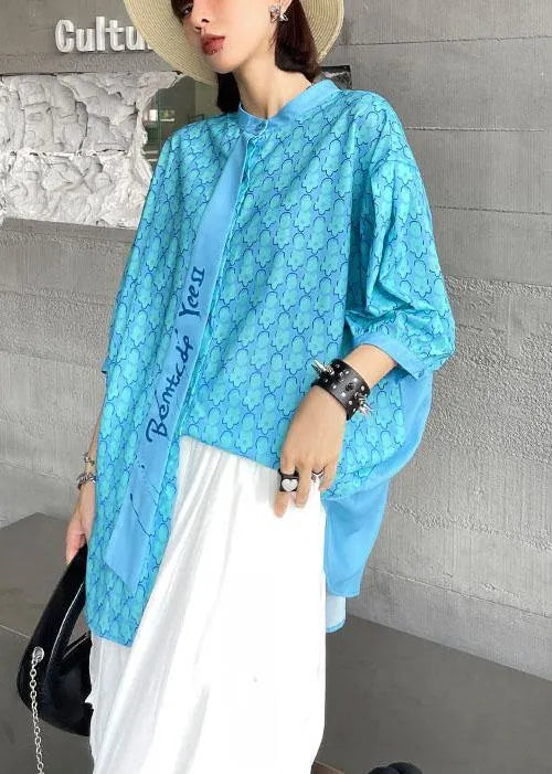 French Blue Print Button Patchwork Top Summer