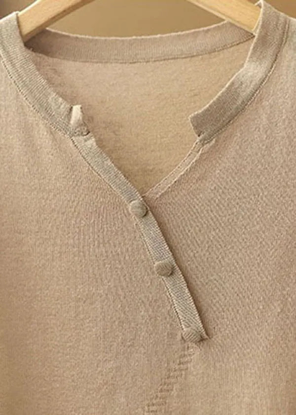 Beige V Neck Color Knit Tops Short Sleeve