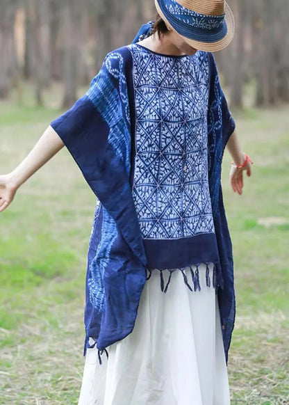 Blue Asymmetrical Design Tassel Print Linen Tops Batwing Sleeve