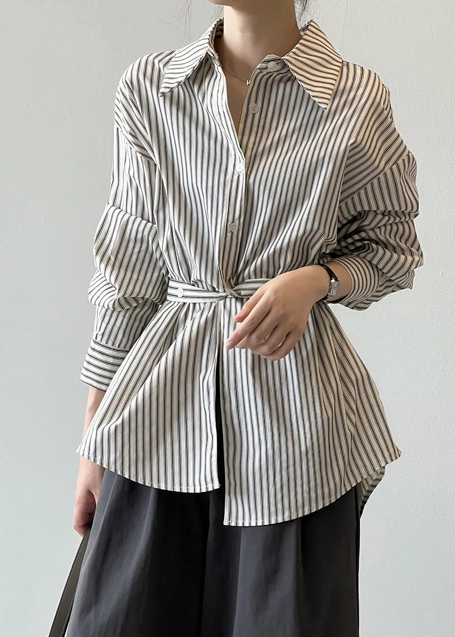 French Peter Pan Collar Striped Button Cotton Shirt Fall