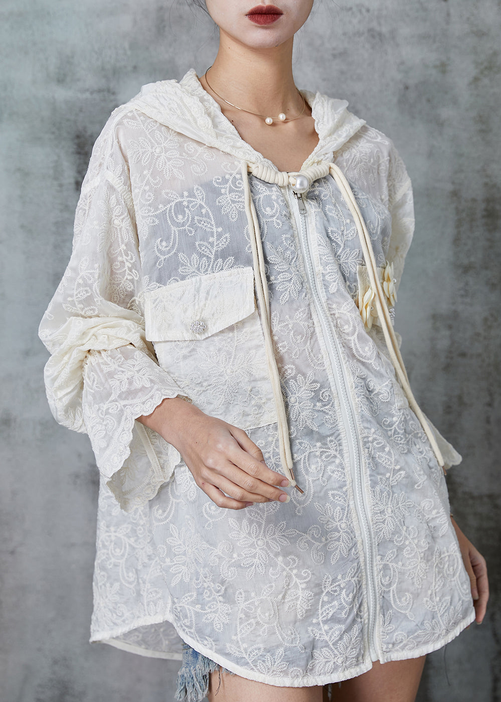 Stylish Beige Embroidered Lace Upf 50+ Coat Jacket Spring