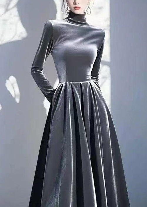 Slim Fit Navy Turtleneck High Waist Silk Velvet Dresses Fall