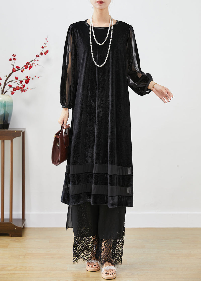 Black Hollow Out Patchwork Silk Velour Maxi Dresses Bracelet Sleeve Spring