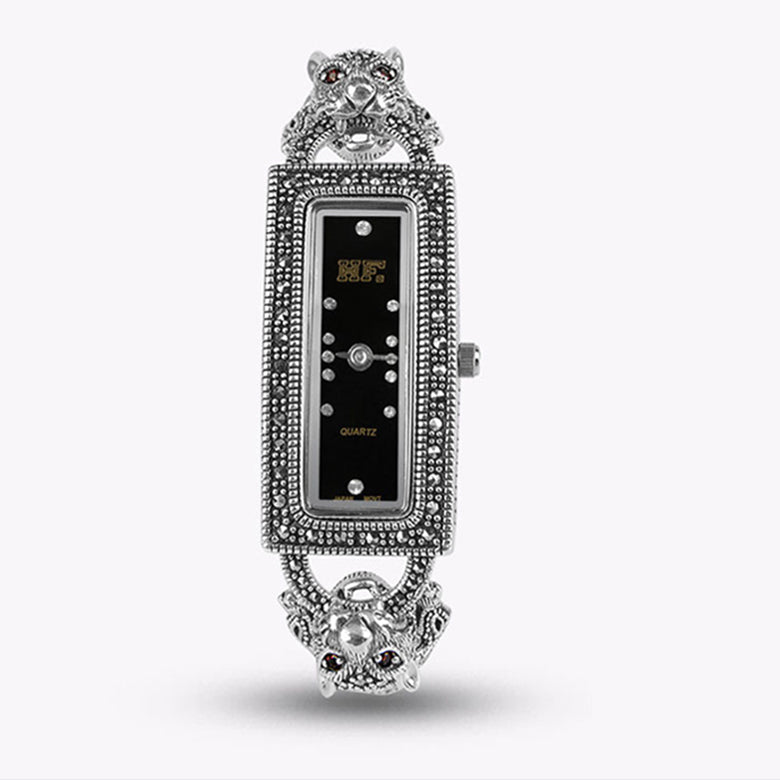 White Sterling Silver Metal Stainless Steel Organic Glass Leopard Head Wrist Watch