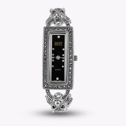 White Sterling Silver Metal Stainless Steel Organic Glass Leopard Head Wrist Watch