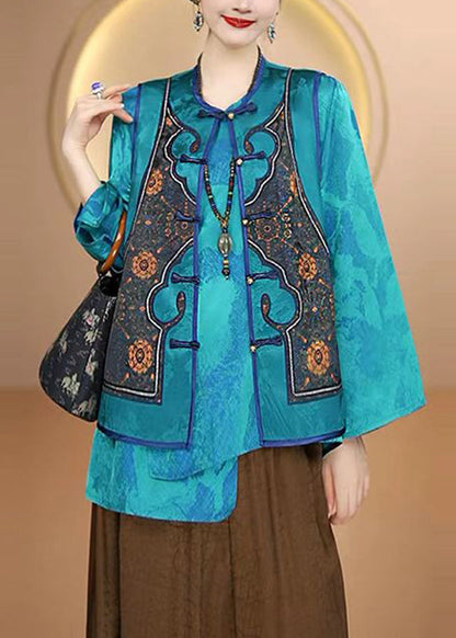 Blue O Neck Oriental Button Silk Vest Sleeveless