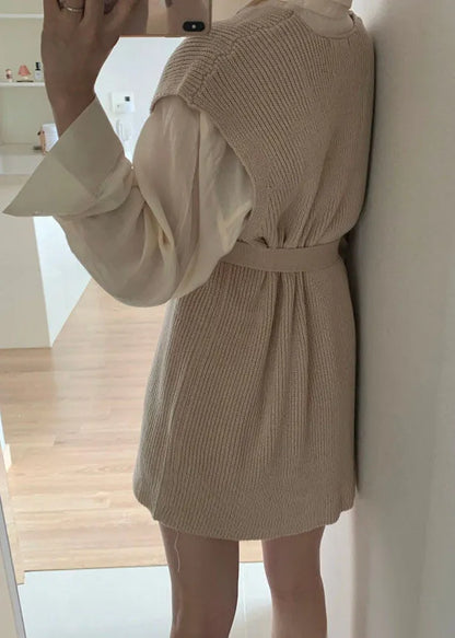 Apricot V Neck Cinched Knit Vest Sleeveless