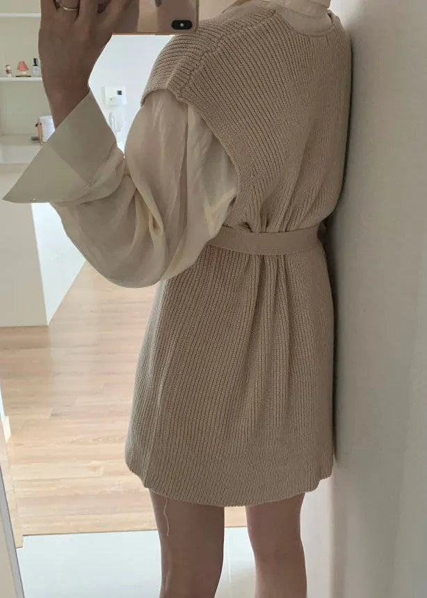 Apricot V Neck Cinched Knit Vest Sleeveless