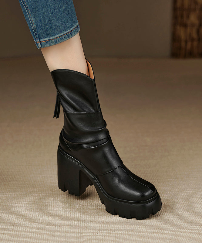 Wrinkled Zippered Splicing Chunky Boots Black Cowhide Leather
