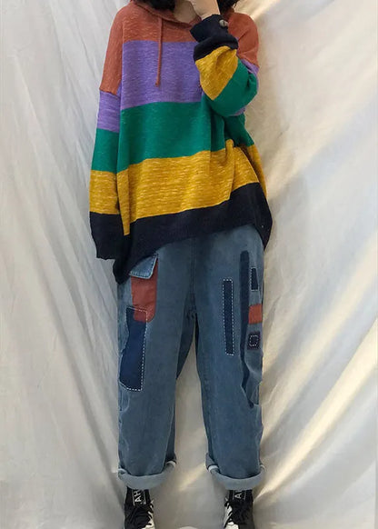 Fitted Rainbow Hooded Drawstring Striped Fall Knit Sweaters