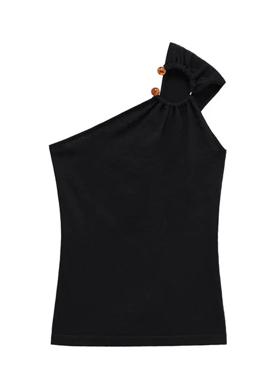 Novelty Black One Shoulder Asymmetrical Patchwork Vests Sleeveless