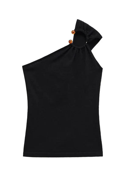 Novelty Black One Shoulder Asymmetrical Patchwork Vests Sleeveless