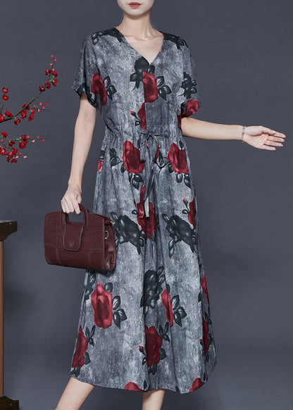 French Grey Tie Dye Cotton Cinched Dress Summer