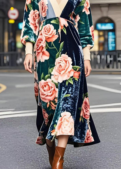 Colorblock V Neck Patchwork Print Silk Velour Dresses Fall