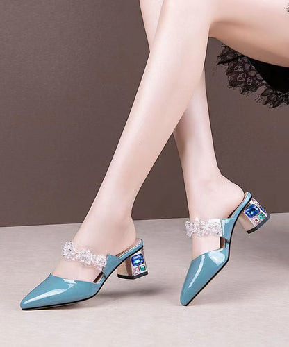 Crystal Flower Splicing Chunky Blue Cowhide Leather