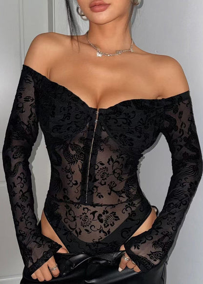 Black Slash Neck Jacquard Lace Sheer Jumpsuit
