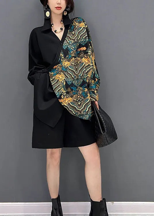 Diy Black Asymmetrical Patchwork Print Cotton Shirt Tops Batwing Sleeve