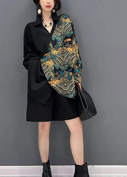 Diy Black Asymmetrical Patchwork Print Cotton Shirt Tops Batwing Sleeve