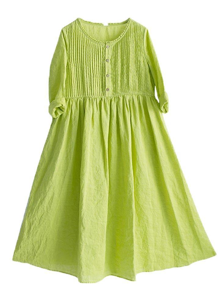 Classy Grass Green Cinched Button Summer Linen Dress