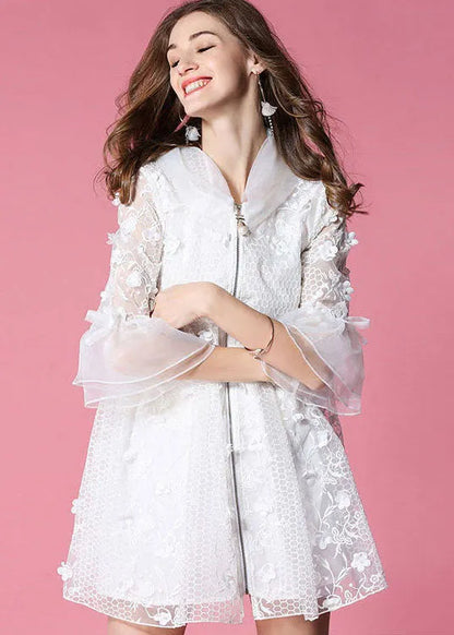 White Hooded Hollow Out Applique Organza Jacket Spring