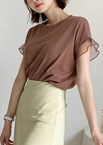 Chocolate O-neck Tulle Patchwork Ruffled Cotton T Shirts Short Sleeve