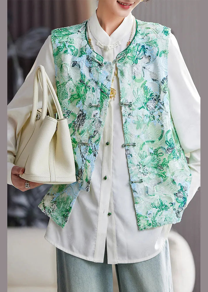 Green Embroideried Sequins Vest Tops Sleeveless