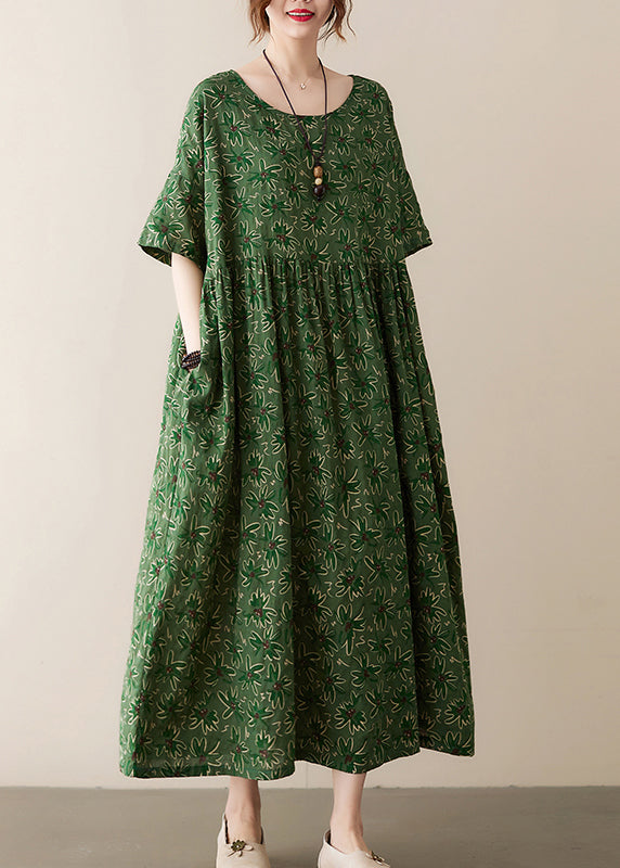 Green O-neck Wrinkled Exra Large Hem Print Cotton Long Dress Summer