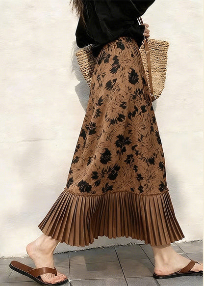 Coffee Print Pleated Patchwork Skirts Spring