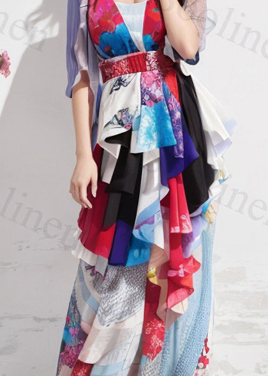 Print Asymmetrical Patchwork Silk Ankle Dress Summer