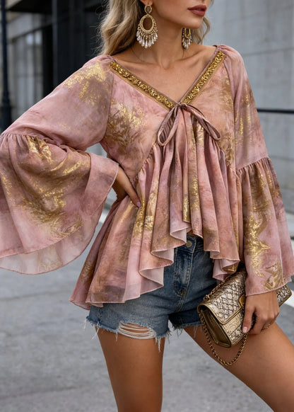 Unique Pink Asymmetrical Sequins Print Chiffon Shirt Spring