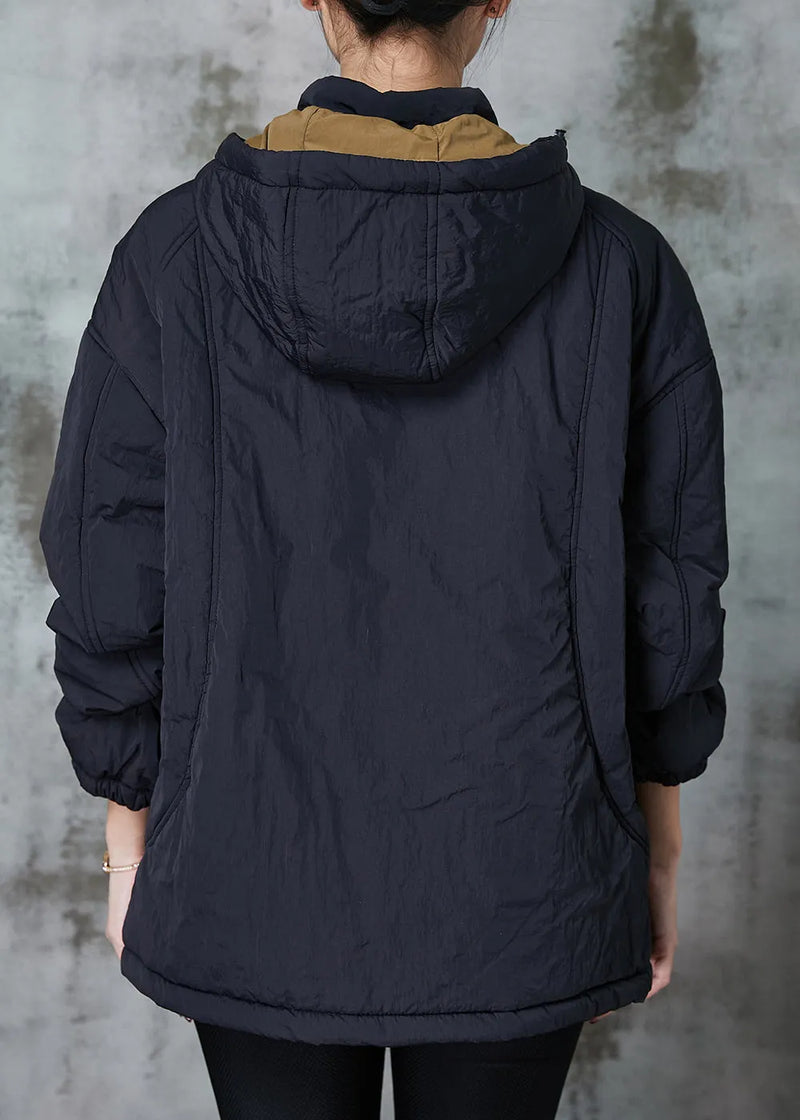 Black Patchwork Fine Cotton Filled Pullover Hooded Spring