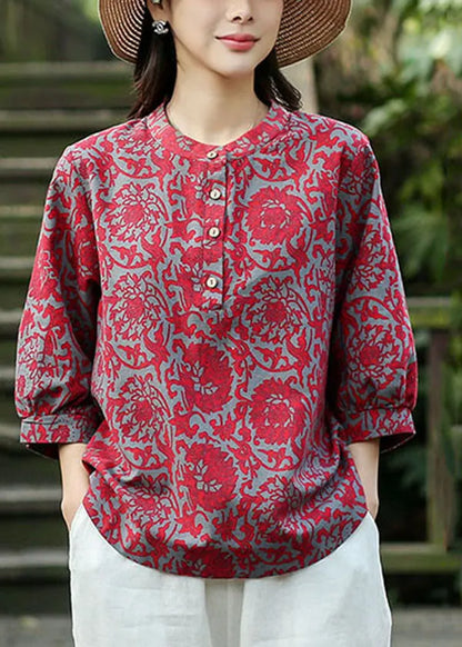 Red O-neck Jacquard Linen Blouse Tops Bracelet Sleeve