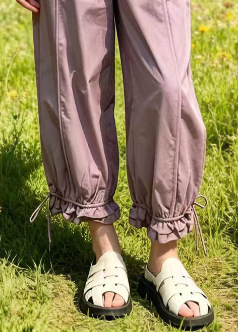 Purple Oversized Pockets Cotton Beam Pants Summer