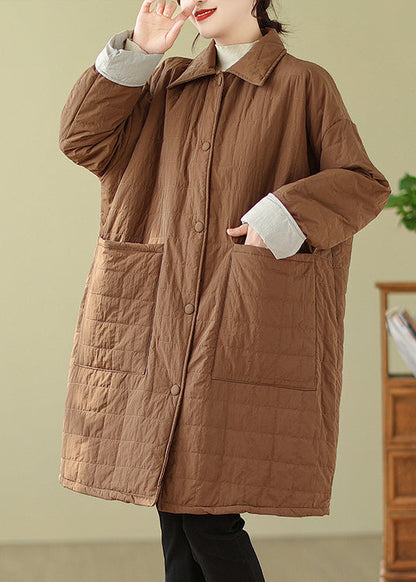 Coffee Peter Pan Collar Pockets Fine Cotton Filled Coat Winter