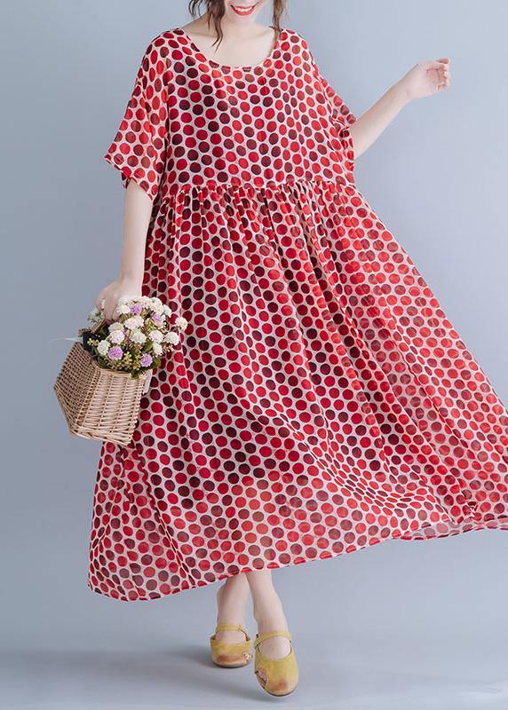 Red Dotted O Neck Cinched Long Summer Dresses