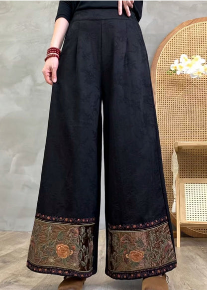 Black Embroidered Cotton Wide Leg Pants Spring