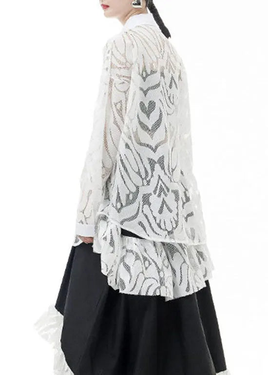 White Lace Shirts Hollow Out Asymmetrical Design Spring