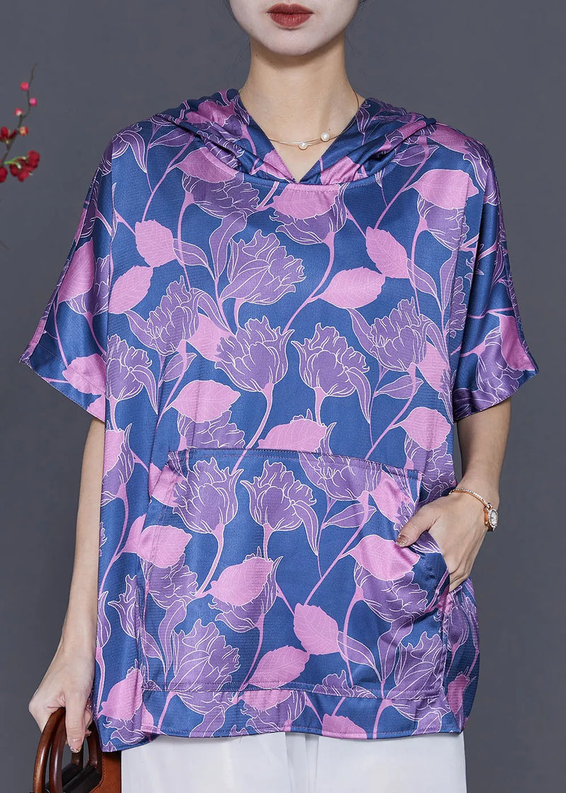 Blue Oversized Print Silk Sweatshirt Summer