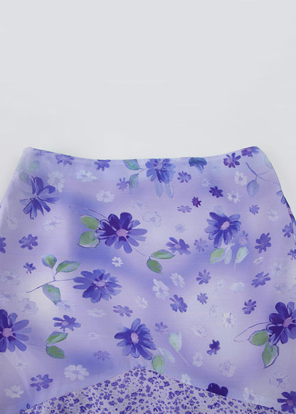 Purple Zippered Print Patchwork Chiffon Skirt Summer