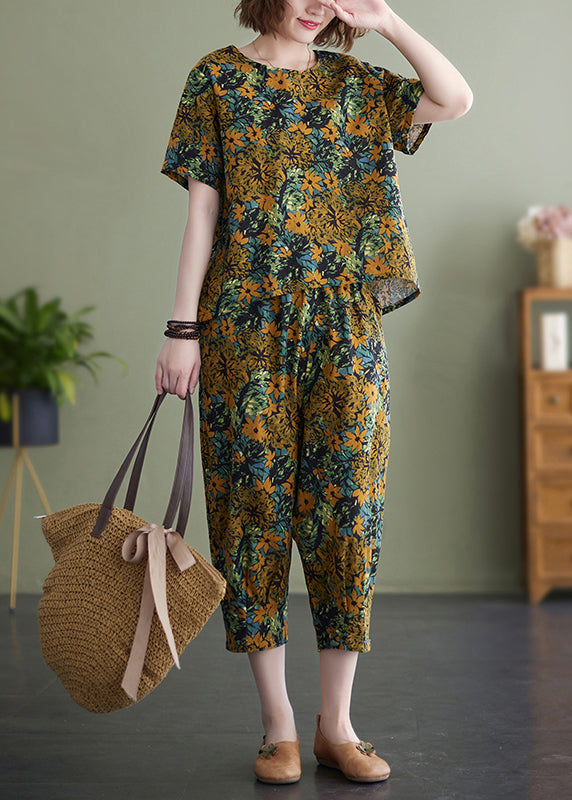 Yellow O-neck Top Short Sleeve Elastic Waist Pants Two Pieces Set