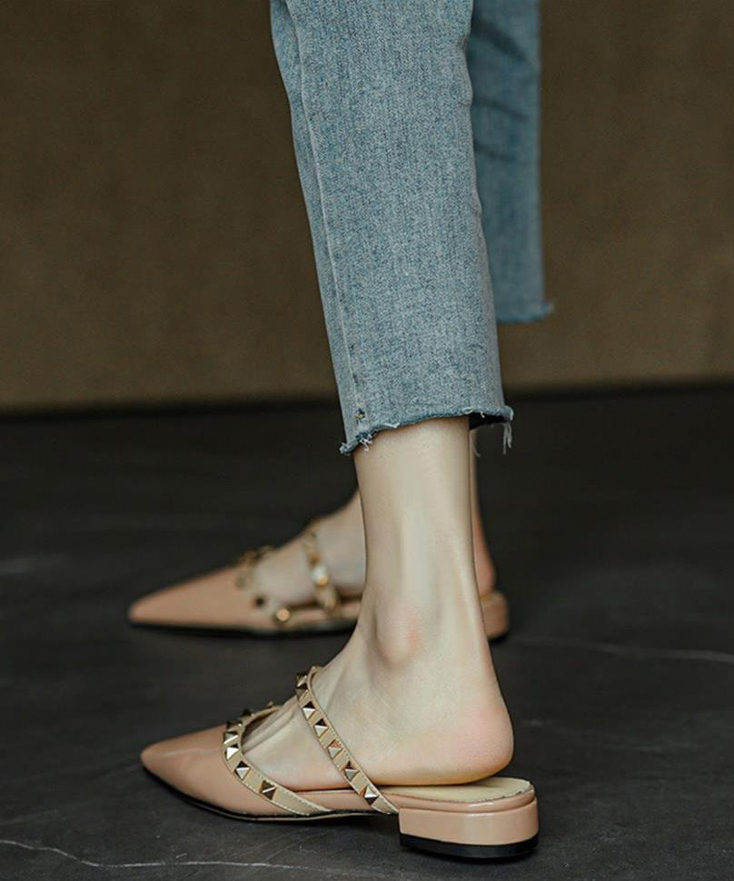 White Rivet Pointed Toe Cowhide Leather Slide Sandals