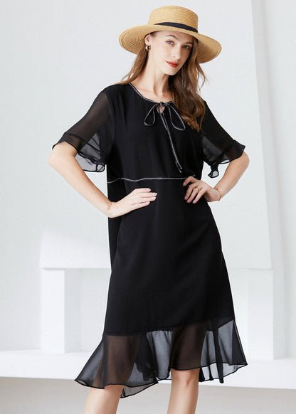 Modern Black O-neck Ruffles Lace Up Chiffon Long Dress Summer