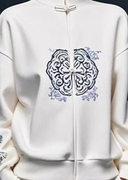 White Print Cotton Pullover Sweatshirt Stand Collar Fall