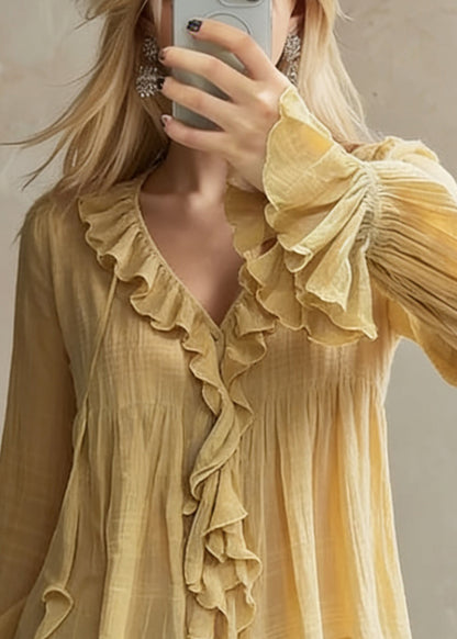 Original Design Yellow Ruffled Lace Up Cotton Blouse Flare Sleeve