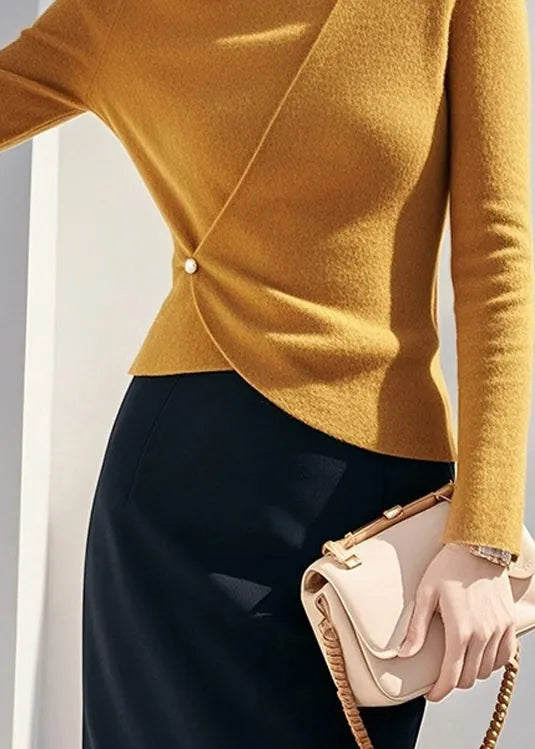Yellow Half High Neck Asymmetrical Knit Sweaters Spring
