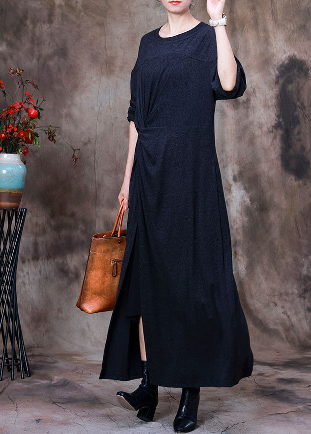 Art Dark Grey O-neck Side Open Asymmetrical Velour Long Dresses Spring