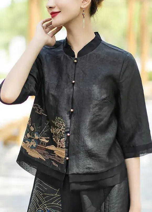 Original Design Black Stand Collar Embroideried Patchwork Silk Top Half Sleeve