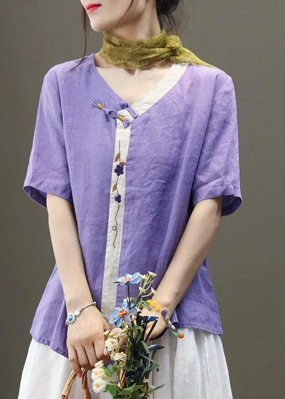 Purple Embroideried Asymmetrical Design Patchwork Summer Linen Blouse Top Short Sleeve