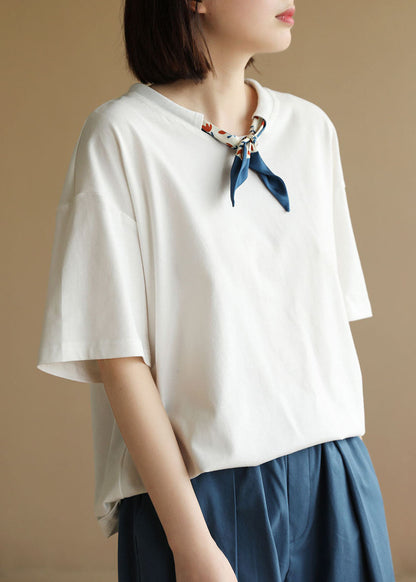 White O-neck Drawstring Bow Cotton Tank Short Sleeve