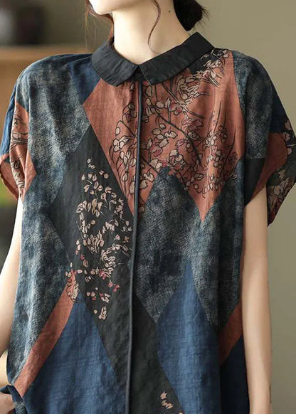 Diy Peter Pan Collar Print Linen Blouse Tops Short Sleeve